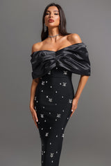 Rita Black Satin Off-the-Shoulder Embellished Gown