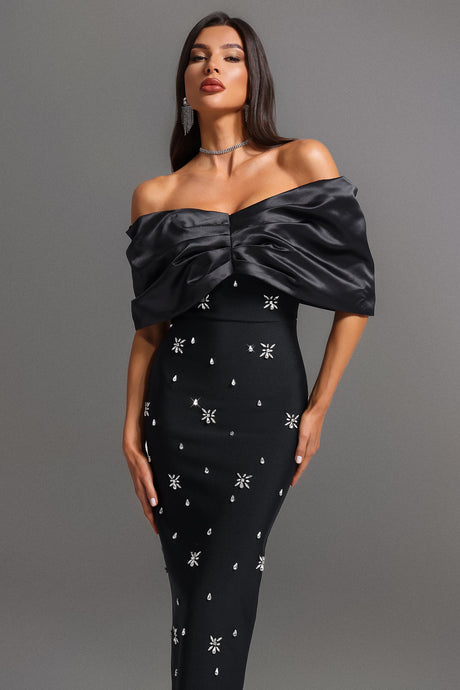 Rita Black Satin Off-the-Shoulder Embellished Gown