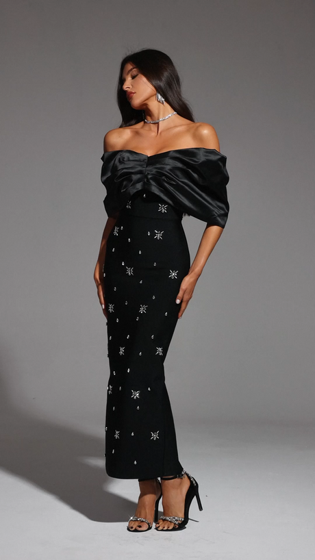 Rita Black Satin Off-The-Shoulder Gown with Sparkling Embellishments