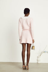 Rita Cardigan & Skirt Pink Ribbed Knit Lace Panel Flounce Hem