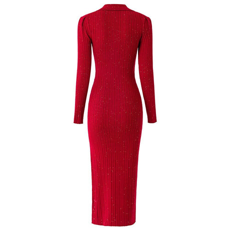 Rita Dress - Bodycon Fit - Polo Collar - Knee - Length Silhouette - Ribbed Knit With Sparkling Details
