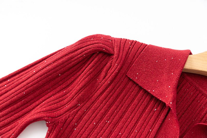 Rita Dress - Bodycon Fit - Polo Collar - Knee - Length Silhouette - Ribbed Knit With Sparkling Details