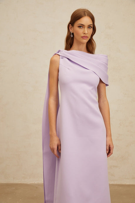 Rita Maxi Dress - One - Shoulder - Cape - Ruched - Slit Zip - Floor - Length