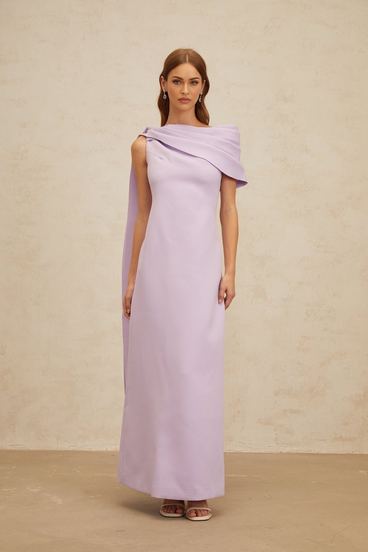 Rita Maxi Dress - One - Shoulder - Cape - Ruched - Slit Zip - Floor - Length
