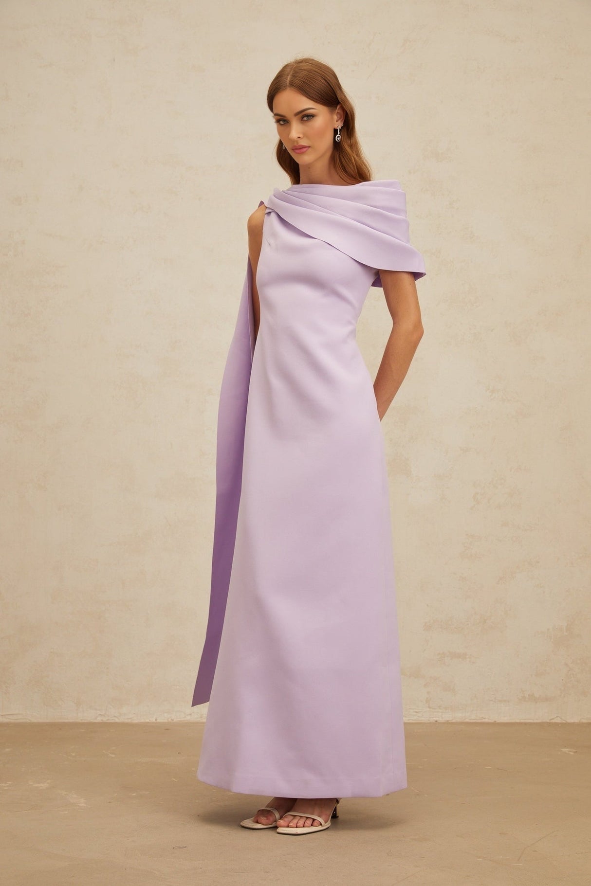 Rita Maxi Dress - One - Shoulder - Cape - Ruched - Slit Zip - Floor - Length