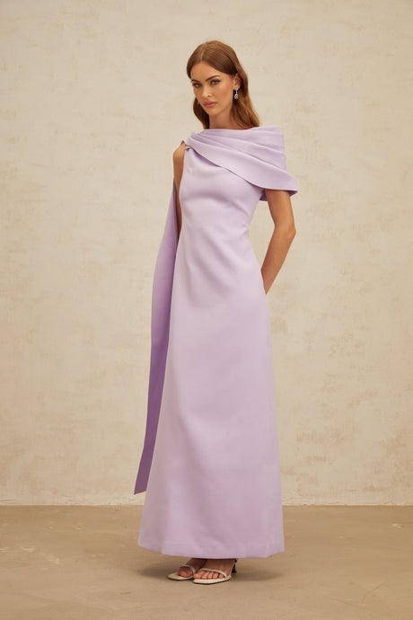 Rita Maxi Dress - One - Shoulder - Cape - Ruched - Slit Zip - Floor - Length