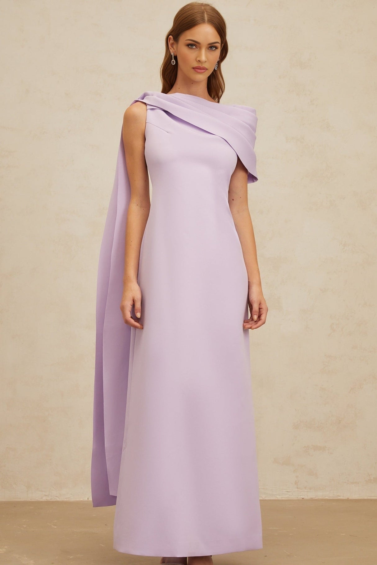 Rita Maxi Dress - One - Shoulder - Cape - Ruched - Slit Zip - Floor - Length