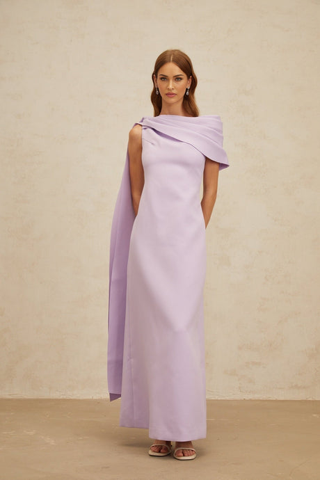 Rita Maxi Dress - One - Shoulder - Cape - Ruched - Slit Zip - Floor - Length