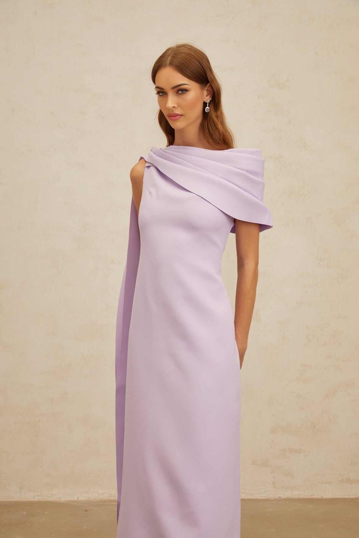 Rita Maxi Dress - One - Shoulder - Cape - Ruched - Slit Zip - Floor - Length
