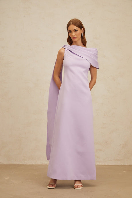 Rita Maxi Dress - One - Shoulder - Cape - Ruched - Slit Zip - Floor - Length