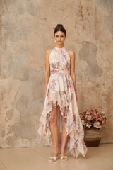 Rita Maxi Dress Pink Floral Asymmetrical & Open Back