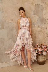 Rita Maxi Dress Pink Floral Asymmetrical & Open Back