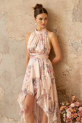 Rita Maxi Dress Pink Floral Asymmetrical & Open Back