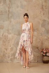 Rita Maxi Dress Pink Floral Asymmetrical & Open Back
