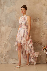 Rita Maxi Dress Pink Floral Asymmetrical & Open Back