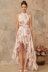 Rita Maxi Dress Pink Floral Asymmetrical & Open Back