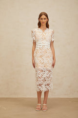 Rita Midi Dress - V - Neck - Open Back - Belted Waist - Corded Lace - Floral Embroidery