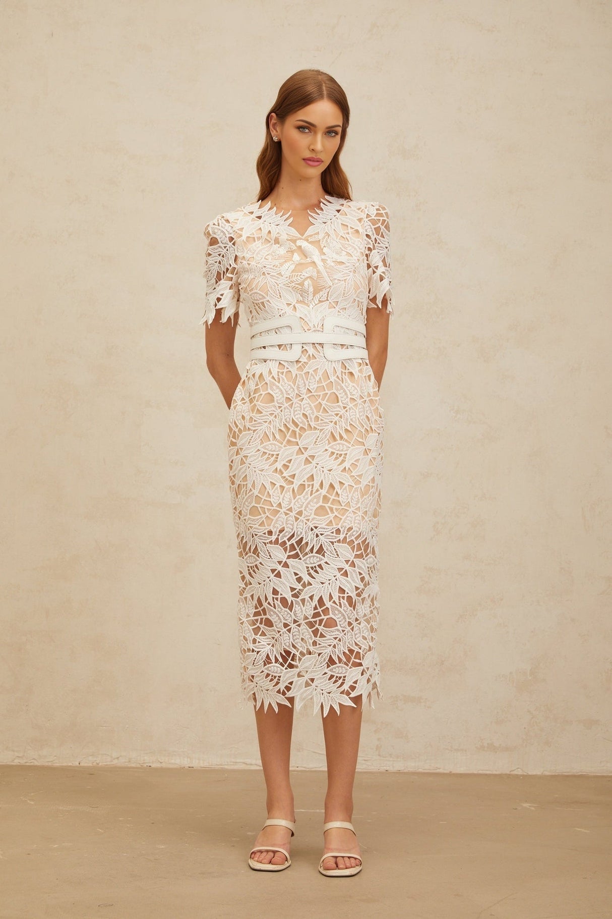 Rita Midi Dress - V - Neck - Open Back - Belted Waist - Corded Lace - Floral Embroidery