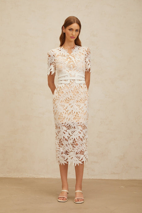 Rita Midi Dress - V - Neck - Open Back - Belted Waist - Corded Lace - Floral Embroidery