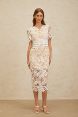 Rita Midi Dress - V - Neck - Open Back - Belted Waist - Corded Lace - Floral Embroidery