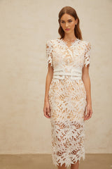 Rita Midi Dress - V - Neck - Open Back - Belted Waist - Corded Lace - Floral Embroidery