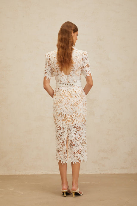Rita Midi Dress - V - Neck - Open Back - Belted Waist - Corded Lace - Floral Embroidery