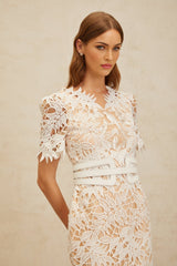 Rita Midi Dress - V - Neck - Open Back - Belted Waist - Corded Lace - Floral Embroidery