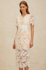 Rita Midi Dress - V - Neck - Open Back - Belted Waist - Corded Lace - Floral Embroidery