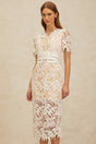 Rita Midi Dress - V - Neck - Open Back - Belted Waist - Corded Lace - Floral Embroidery