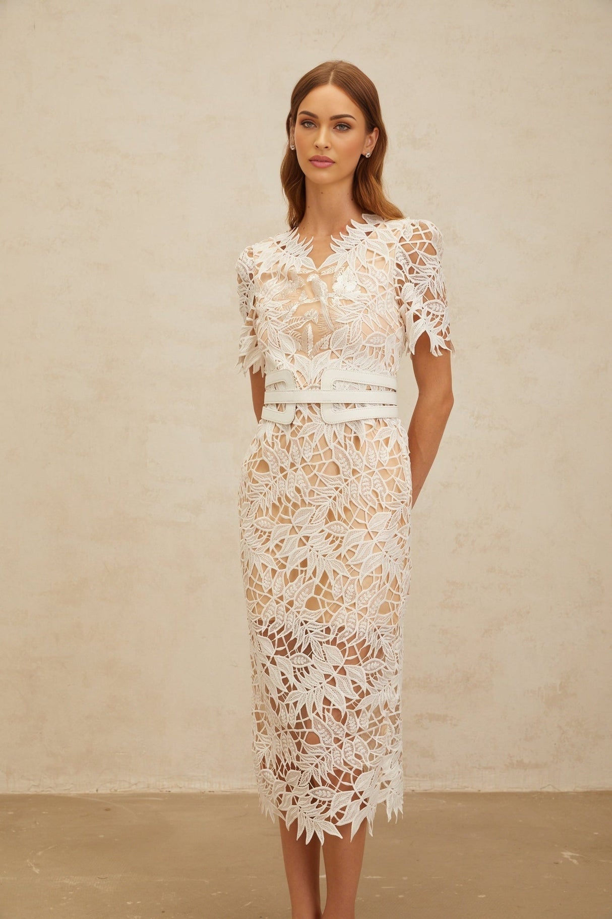 Rita Midi Dress - V - Neck - Open Back - Belted Waist - Corded Lace - Floral Embroidery