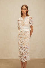 Rita Midi Dress - V - Neck - Open Back - Belted Waist - Corded Lace - Floral Embroidery