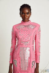 Rita Mini Dress Pink Crystal Beaded Zippered Glam
