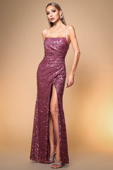 Rita Pink Sequin Ruched Slit Dress
