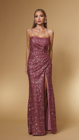 Rita Pink Sequin Ruched Slit Dress