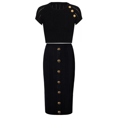 Rita Top & Skirt Set - Ribbed Texture - Gold Button Details - Fitted Silhouette - Knit Fabric - Elegant & Sophisticated