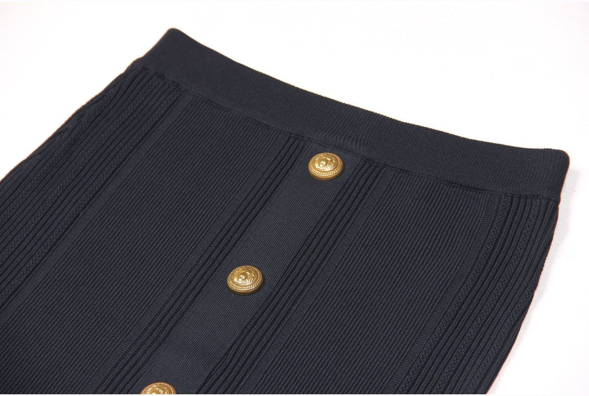 Rita Top & Skirt Set - Ribbed Texture - Gold Button Details - Fitted Silhouette - Knit Fabric - Elegant & Sophisticated
