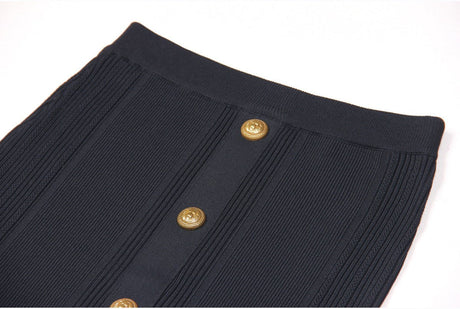Rita Top & Skirt Set - Ribbed Texture - Gold Button Details - Fitted Silhouette - Knit Fabric - Elegant & Sophisticated