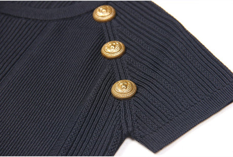 Rita Top & Skirt Set - Ribbed Texture - Gold Button Details - Fitted Silhouette - Knit Fabric - Elegant & Sophisticated