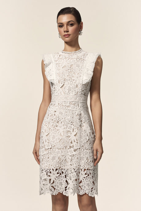 Rita White Lace Floral Mini Dress with Ruffled Accents