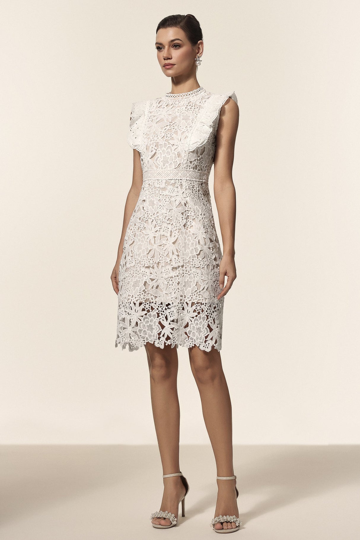 Rita White Lace Floral Mini Dress with Ruffled Accents