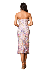 Teagan Midi Dress - Embroidered Strapless Neckline - Floral Detailing - Fitted Silhouette - Versatile Mid-Length - Soft Fabric Comfort