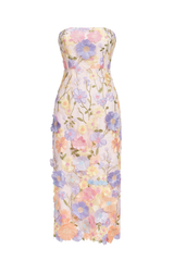 Teagan Midi Dress - Embroidered Strapless Neckline - Floral Detailing - Fitted Silhouette - Versatile Mid-Length - Soft Fabric Comfort