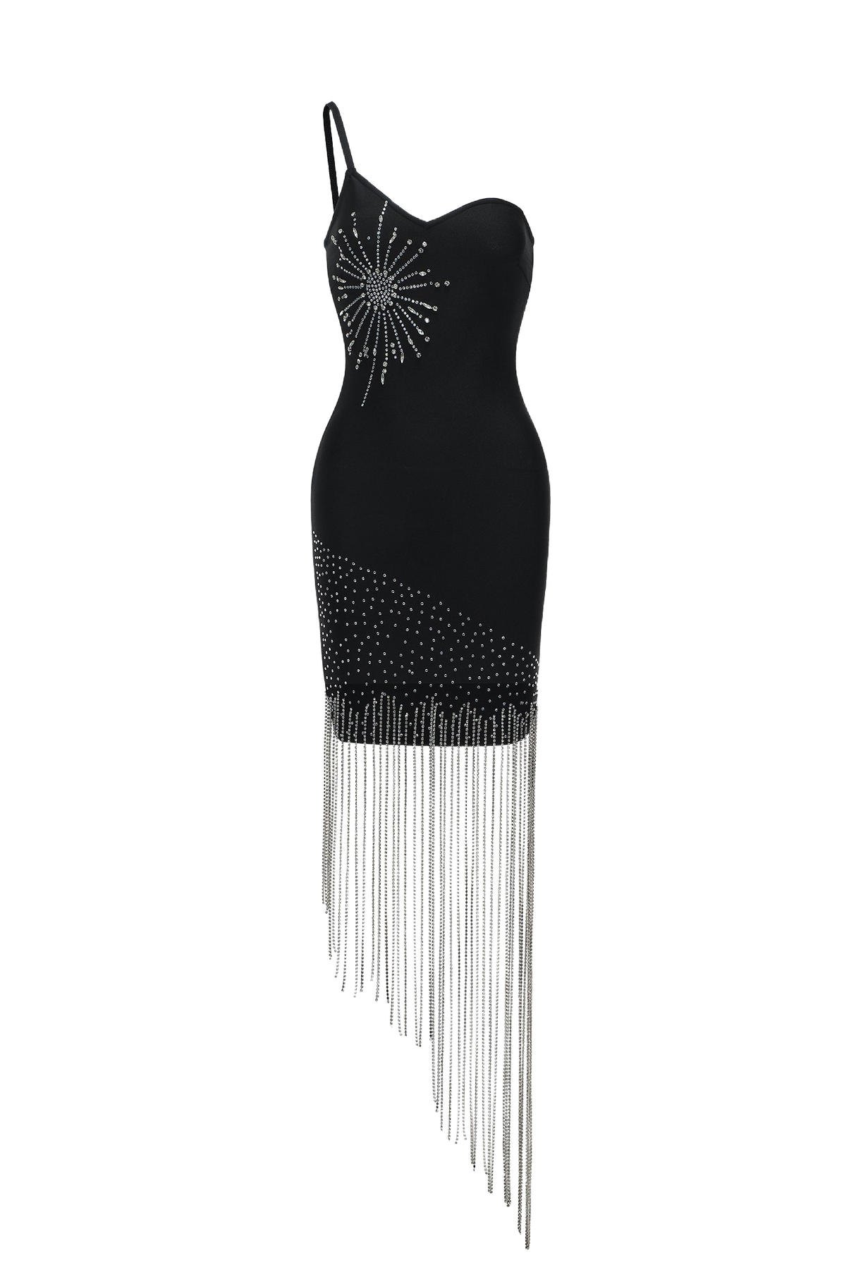 Fabiola Midi Dress - One Shoulder Neckline - Form-Fitting Silhouette - Diamond Detailing - Luxurious Fabric - Fringe Hemline