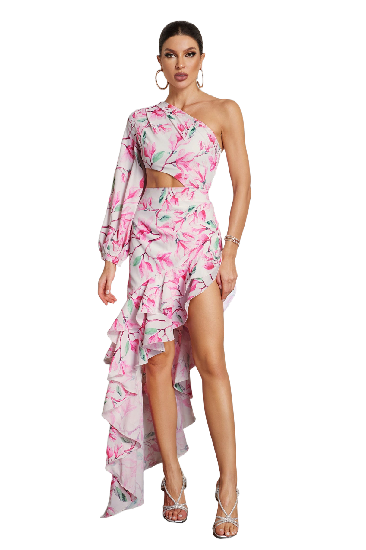 Lillian Midi Dress - Statement Asymmetrical Silhouette - One-Shoulder - Vibrant Floral Print - Dramatic Ruffle Detail