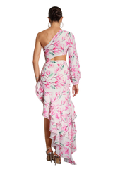 Lillian Midi Dress - Statement Asymmetrical Silhouette - One-Shoulder - Vibrant Floral Print - Dramatic Ruffle Detail