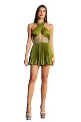 Filomena Mini Dress - Cross Halter Neckline - Sequins Detailing - Cut Out - Pleated Skirt - Lightweight Fabric