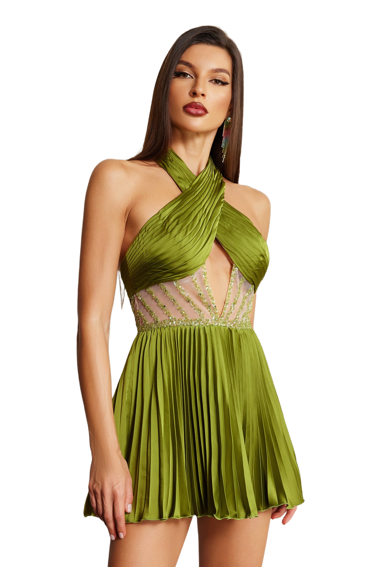 Filomena Mini Dress - Cross Halter Neckline - Sequins Detailing - Cut Out - Pleated Skirt - Lightweight Fabric