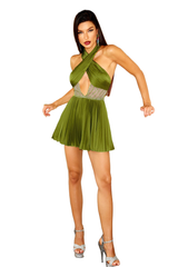 Filomena Mini Dress - Cross Halter Neckline - Sequins Detailing - Cut Out - Pleated Skirt - Lightweight Fabric