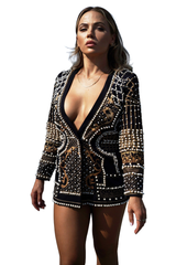 Brielle Mini Dress - Deep V Neckline - Pearl & Accents - Tailored Fit - Long Sleeves - Versatile &