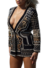 Brielle Mini Dress - Deep V Neckline - Pearl & Accents - Tailored Fit - Long Sleeves - Versatile &